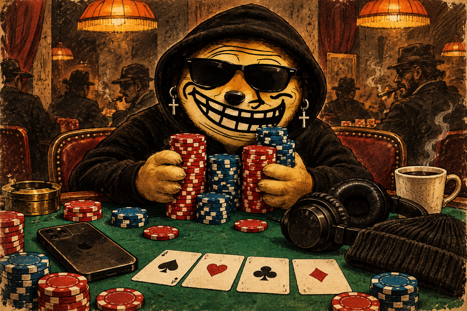 ALLTROLL in his black hoodie and sunglasses, grinning behind poker chips in his underground club